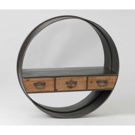 metalowa okrągła półka z trzema drewnianymi szufladkami