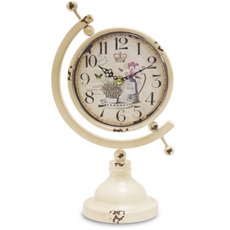 stojący zegar w metalowej ramie o kształcie globusa z prowansalską tarczą