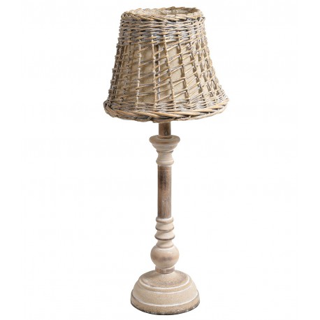 Lampa z drewnianą nogą i wiklinowym abażurem