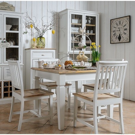 Białe meble w stylu prowansalskim z linii Bristol White Belldeco to harmonijne połączenie białych mebli z brązowymi blatami.