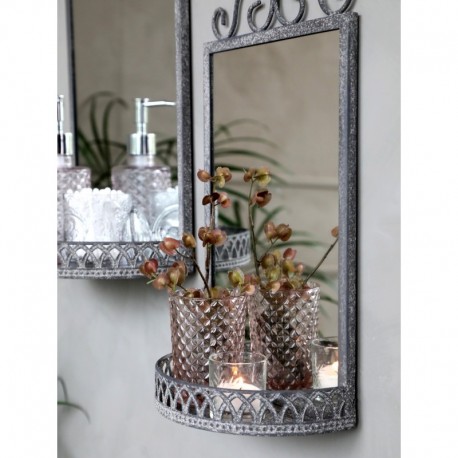 Półka ścienna w starym stylu z lustrem, którą wykonano z metalu to dodatek doskonały do łazienki lub do przedpokoju.