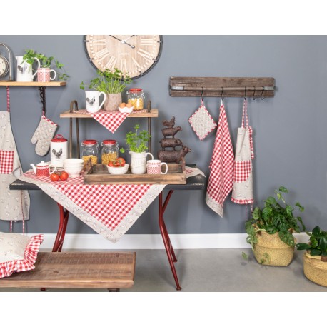 Kwadratowy obrus prowansalski w biało czerwoną kratę, z lamówką ze zwierzętami.