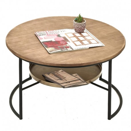 Metalowy Stolik Kawowy z Drewnianym Blatem A Clayre & Eef