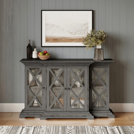 Szara komoda Livin Hill z przepięknymi, przeszklonymi frontami.