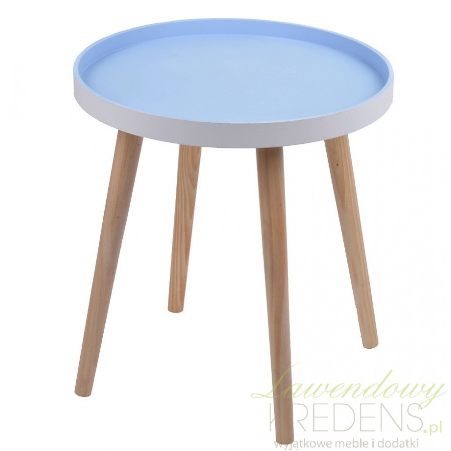 Błękitny stolik kawowy z okrągłym blatem to mebel, dla którego miejsce znajdzie się w salonie i w przedpokoju.