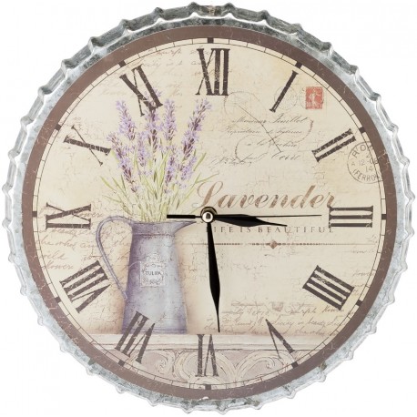 metalowy zegar o kształcie kapsla z motywem lawendy na jasnej tarczy