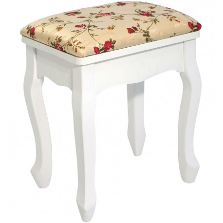 Biały stołek z miękkim i komfortowym siedziskiem pokrytym bezową tkaniną w kwiaty.