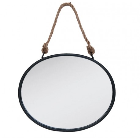 Owalne lustro skandynawskie w metalowej ramie do zawieszenia na ścianie za pomocą brązowego sznura.