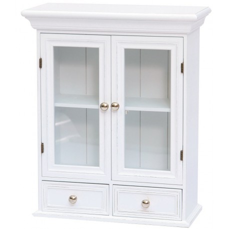 Biała szafka ścienna to połączenie przeszklonej witryny z dwoma szufladkami.