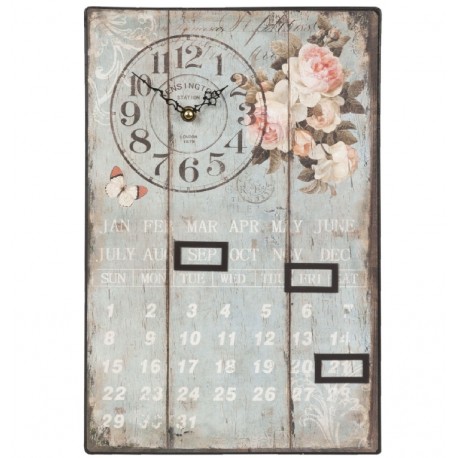Metalowy kalendarz w niebieskim kolorze posiadajacy zegar i motyw kwiatów