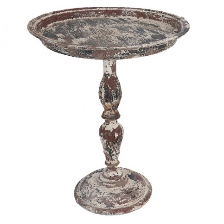 Ciemny metalowy stolik z okrągłym blatem i mocno przecieraną farba