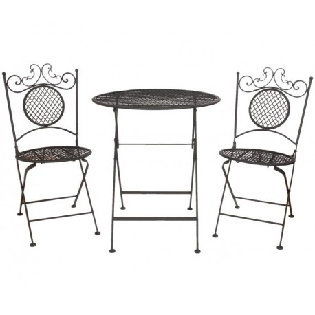 Ciemny komplet metalowych mebli w skład którego wchodzą dwa krzesła i okrągły stolik