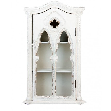 Postarzana szafka ścienna z dekoracyjnymi drzwiami doskonale nadaje się do kuchni, przedpokoju i łazienki.