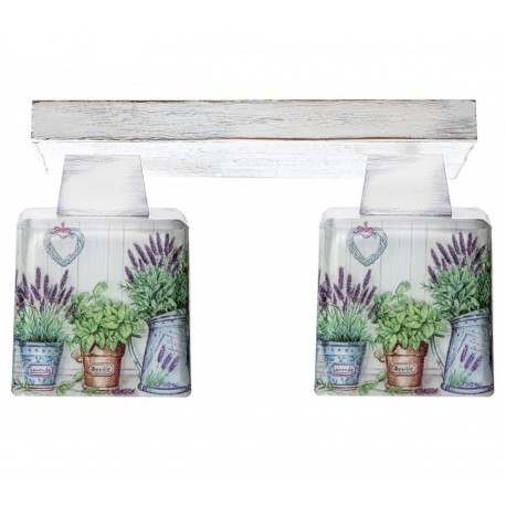 Lampa prowansalska wykonana z bielonego drewna i szkła z grafiką fioletowo0zielonej lawendy, będącej symbolem słonecznej Prowansji.