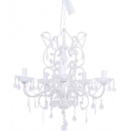 Zjawiskowy żyrandol w kolorze białym wykonano z metalu i ozdobiono kryształowymi koralikami.