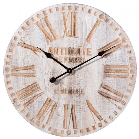 Stylowy zegar prowansalski z kolekcji Paris ma biały, przecierany cyferblat i wypukłe cyfry brązowe.