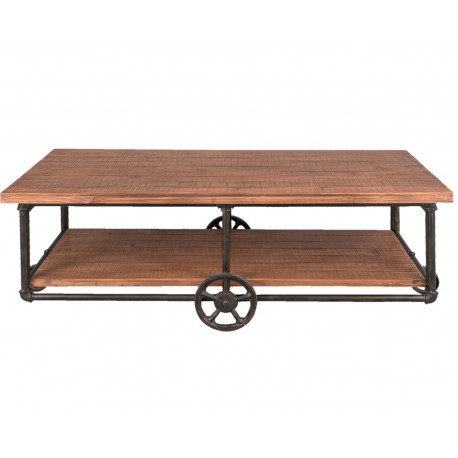 Industrialny stolik kawowy z parą kółek zamntowanych pośrodku podstawy stolika.