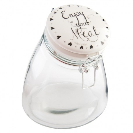 Szklany, asymetryczny pojemnik kuchenny w stylu retro z dekoracyjną przykrywką z napisami jest doskonały do przechowywania.