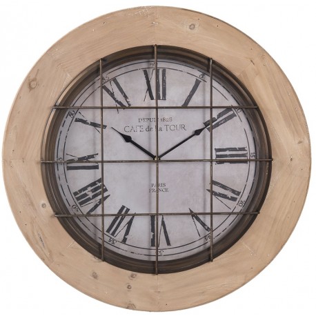 Oryginalny zegar z metalową kratą okrywającą cyferblat i z grubą, drewnianą ramą.