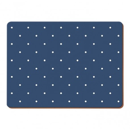 Granatowe, prostokątne podkładki korkowe w kropki to oryginalne i bardzo praktyczne dodatki do każdej kuchni.