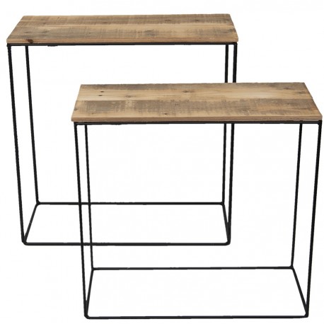 Konsole w stylu loftowym z drewnianymi blatami w kolorze jasnobrązowym z widocznymi słojami.