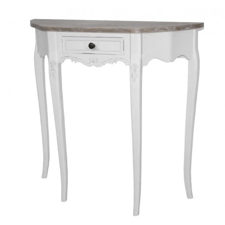 Konsola Rimini White z nogami w stylu ludwikowskim oraz półokrągłym blatem w kolorze szarym.