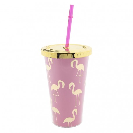 Plastikowy Kubek Retro ze Słomką Flamingi A