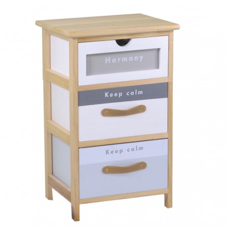 Brązowa szafka z wyjmowanymi szufladkami w kolorach bieli i błękitu.