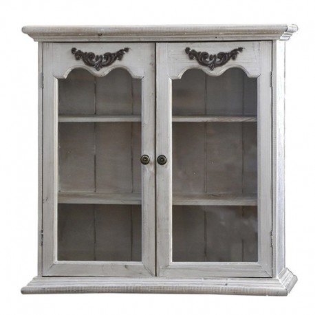 Szafka ścienna w szarym kolorze posiada dekoracyjne, przeszklone drzwi.