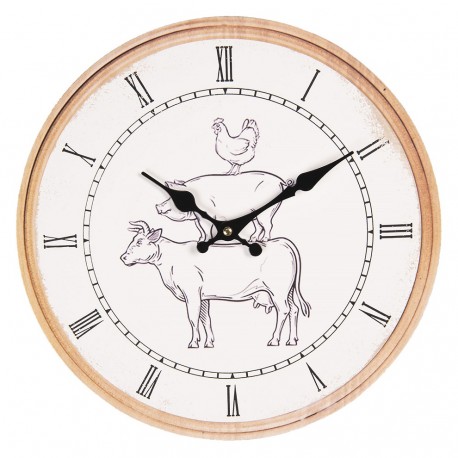 Zegar ze zwierzętami to biała tarcza z szarą grafiką, oprawiona w elegancką, drewnianą ramkę.