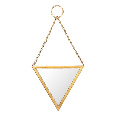 Złote lustro w trójkątnej ramie do zawieszenia na złotym łańcuszku z uchywtem.