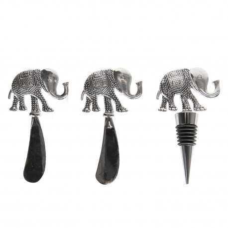 Metalowy Korek Do Butelek i Nożyki do Sera ze Słoniami 3szt. Clayre & Eef
