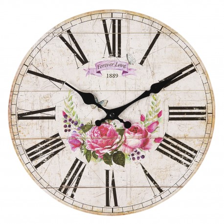 Zegar prowansalski w kształcie koła jest ozdobiony różami.