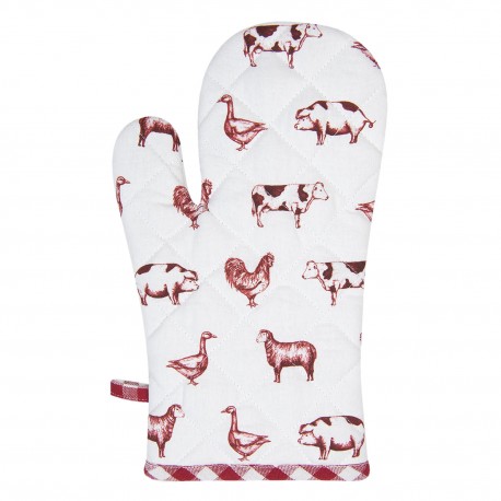 Biała rękawica kuchenne z grafiką z czerwonymi obrazkami zwierząt. Idealna do prowansalskiej kuchni.