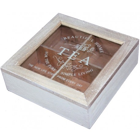 Kwadratowe pudełeczko na herbatę. Wykonane z drewna, szklane wieczko z napisami, nie sposób żeby herbaty się pomieszały.