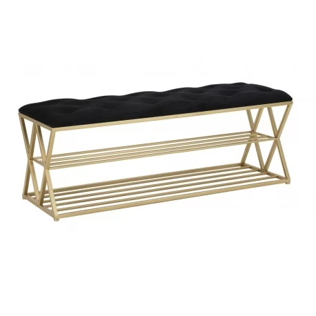 Złota ławka glamour z czarnym siedziskiem idealni sprawdzi się ustawiona u stóp łóżka.