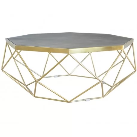 Złoty stolik z szarym, betonowym blatem świetnie uzupełni wystrój sypialni w stylu glamour.