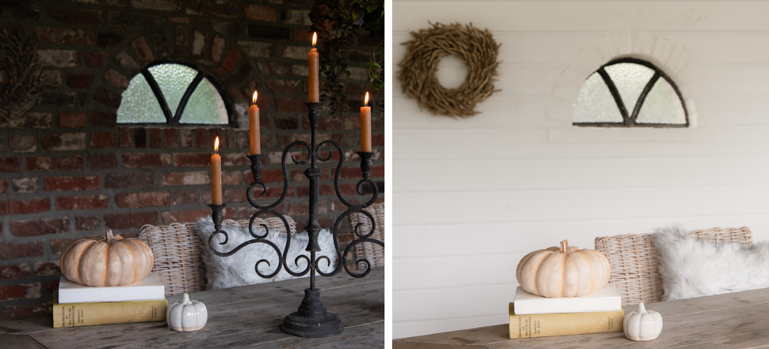 Dwa te same wnętrza z aranżacją jesienną – metalowy świecznik, dynie i książki na stole. Różnią się kolorem ściany: ceglana czerwień nadaje klimat rustykalny, a biała sprawia, że wnętrze wydaje się jaśniejsze, przestronniejsze i optycznie większe.